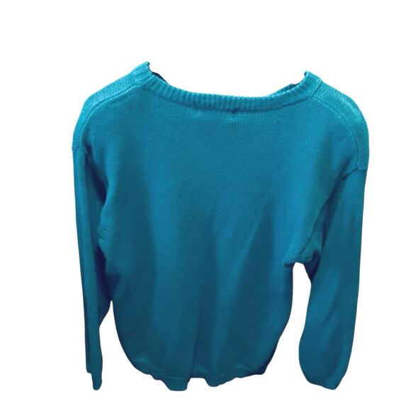 VTG 80s Small Daniel Caron Ramie Cotton Teal Green Crewneck Knit Sweater Pocket - Picture 3 of 14